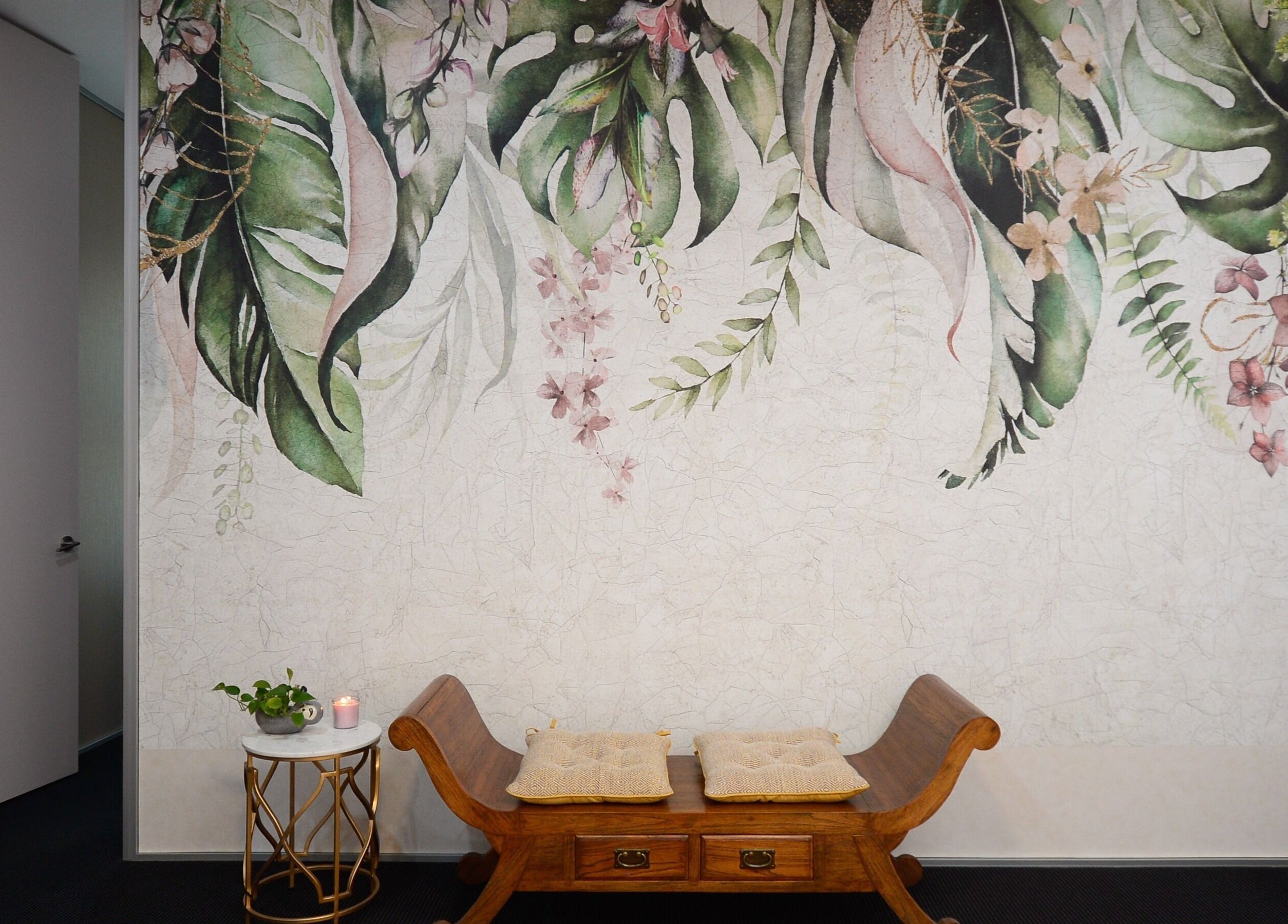 Elegant floral mural and wooden bench at Chat Thai Massage, Crows Nest, New South Wales, AU.