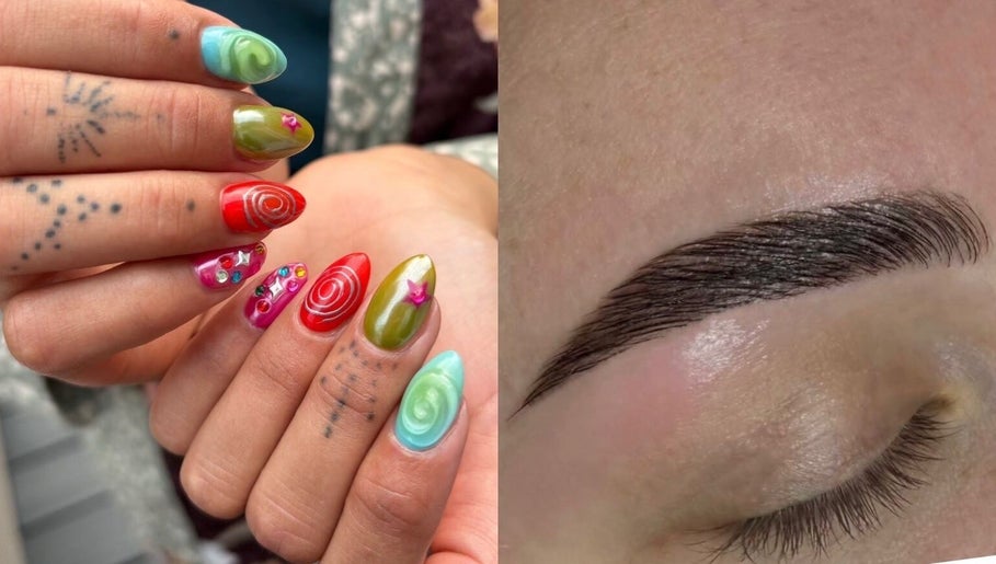 Colorful nail art and perfectly shaped eyebrow at The Brow & Nail Lounge, Worthing, England, GB.