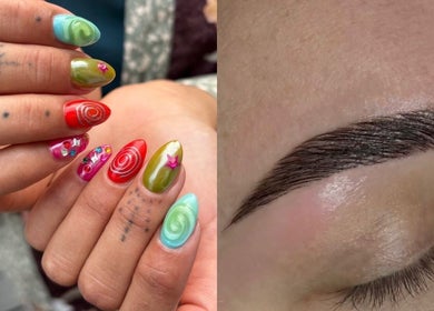 Colorful nail art and perfectly shaped eyebrow at The Brow & Nail Lounge, Worthing, England, GB.