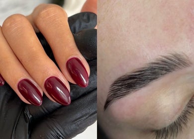 Elegant burgundy nails and perfectly shaped brows at The Brow & Nail Lounge, Worthing, England, GB.