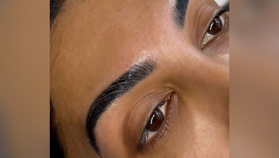 Close-up of expertly shaped eyebrows at The Brow & Nail Lounge in Worthing, England, GB.