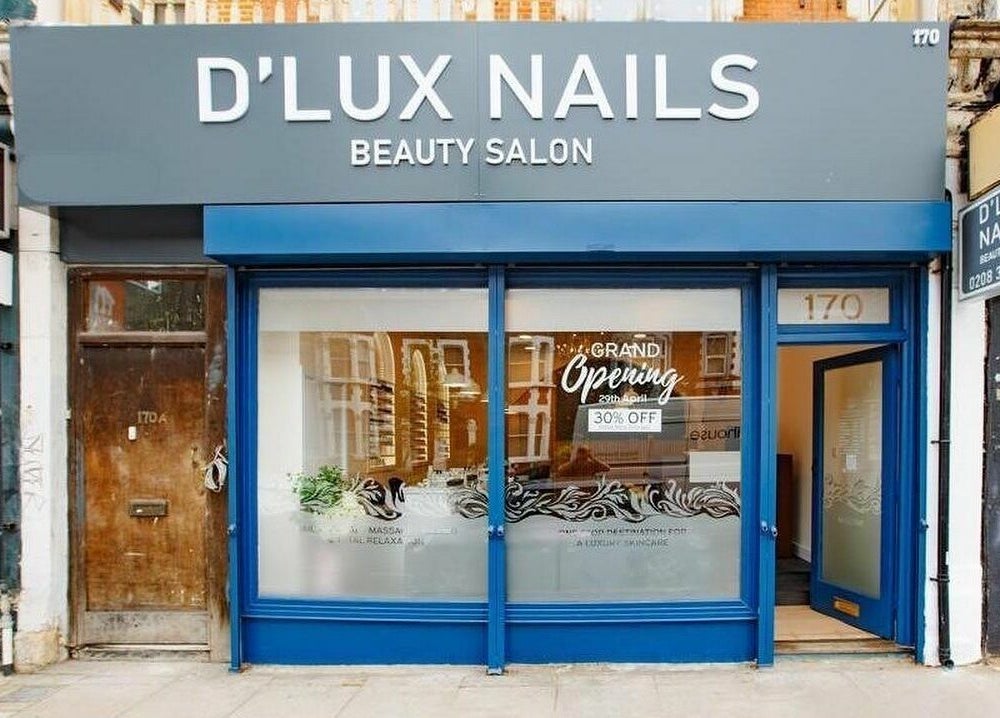 Front view of D'lux Nails and Beauty Salon in London, England, GB showcasing its inviting entrance.