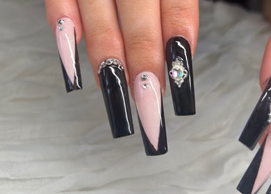 Elegant black and nude nails with gemstones at Allure Nails, North Lakes, Queensland, AU.
