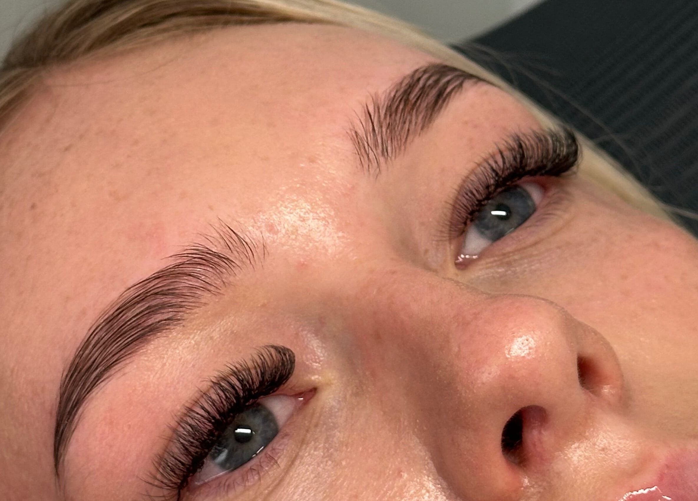 Close-up of styled eyebrows and eyelashes at Lab Lounge, Blacksmiths, New South Wales, AU.