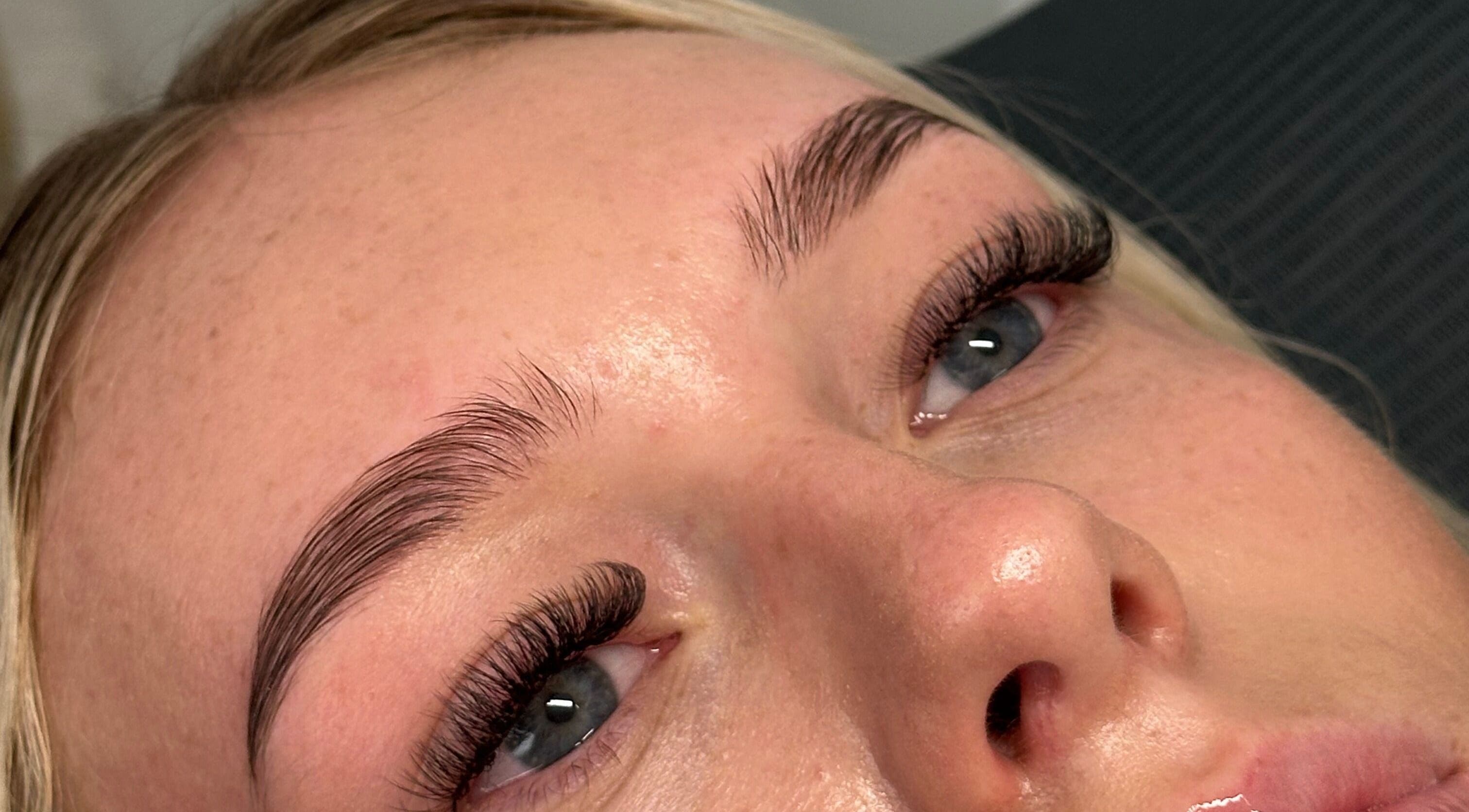 Close-up of styled eyebrows and eyelashes at Lab Lounge, Blacksmiths, New South Wales, AU.