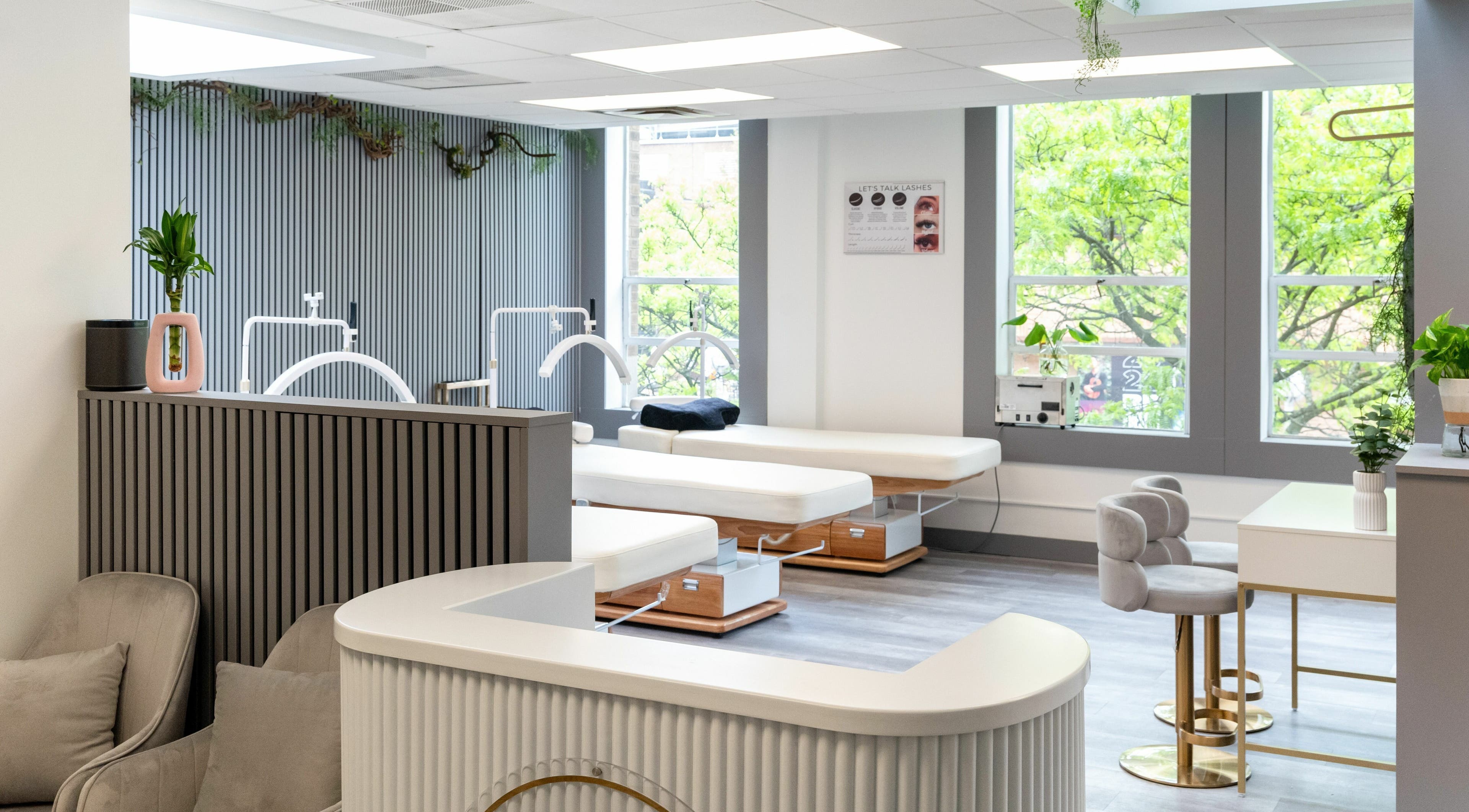 Tranquil interior of M1 Lash Beauty Studio in Ann Arbor, Michigan, US. Elegant treatment beds and lush green views.