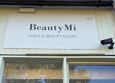 Beauty Mi entrance sign in Sunbury-on-thames, England, GB.