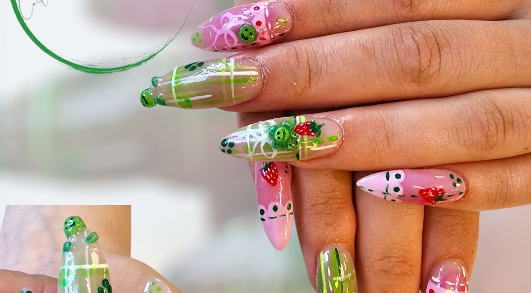 Vibrant strawberry-themed nail art at Cuteikell Nail Design, Plympton, England, GB. Creative and intricate detailing.