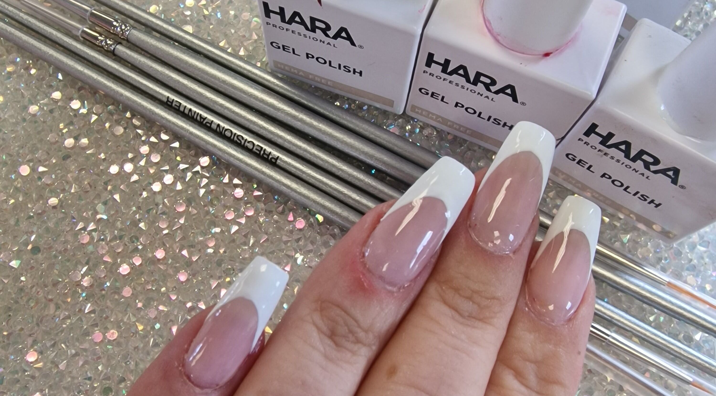 Elegant French manicure at Cuteikell nail design, Plympton, England, GB with Hara gel polish.