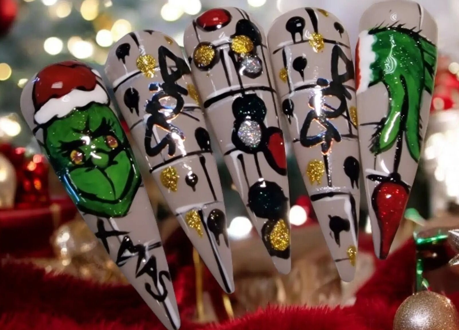 Festive themed nail art design at Cuteikell Nail Design in Plympton, England, GB, featuring holiday decorations.