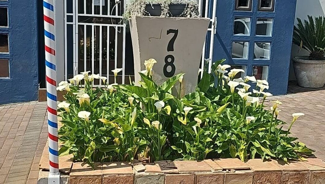 Entrance of Alicia Stylist at Hair on Rubenstein, Moreleta Park, Pretoria with flowers and barber pole.