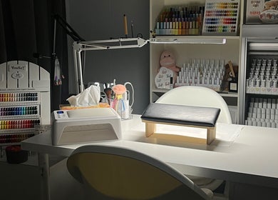 Chic manicure station at Miiso Nail Studio - Perth in Koondoola, Western Australia, AU. Nail polishes neatly displayed.