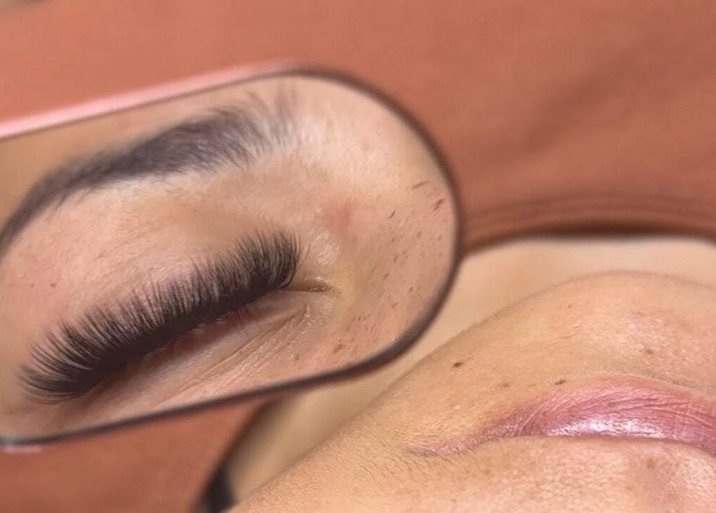 Close-up of lush lashes in a mirror at AB Artistry, Kaikohe, Northland, NZ.