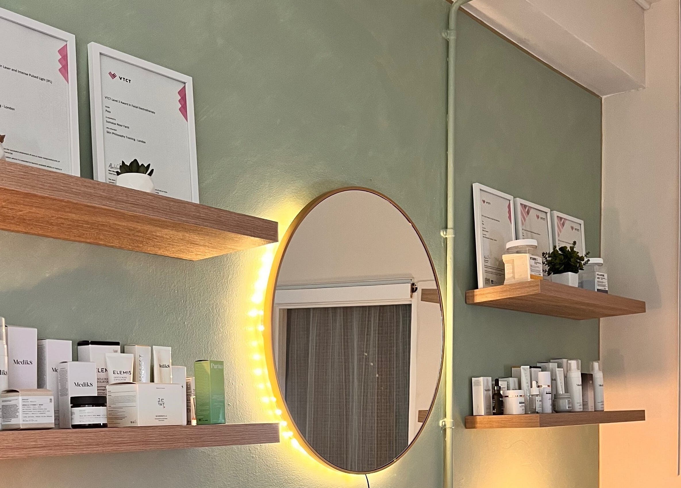 Elegant skincare display at Misskin & Laser Studio, Birmingham, England, GB, showcasing premium products and certificates.