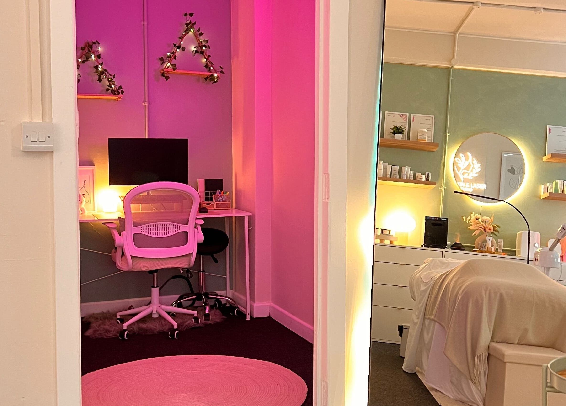 Relaxing and stylish interior of Misskin & Laser Studio in Birmingham, England, GB with beauty treatment setup.