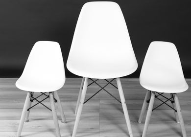Elegant trio of modern white chairs at Studio one YEG, Edmonton, Alberta, CA.