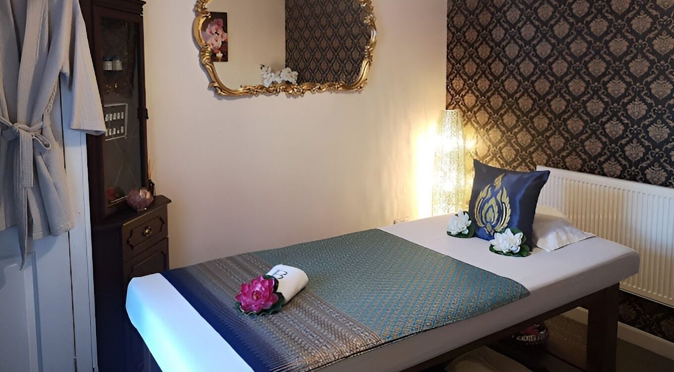 Elegant massage room at Bua Siam Thai Massage Therapy in Neath, Wales, GB, featuring luxurious decor.