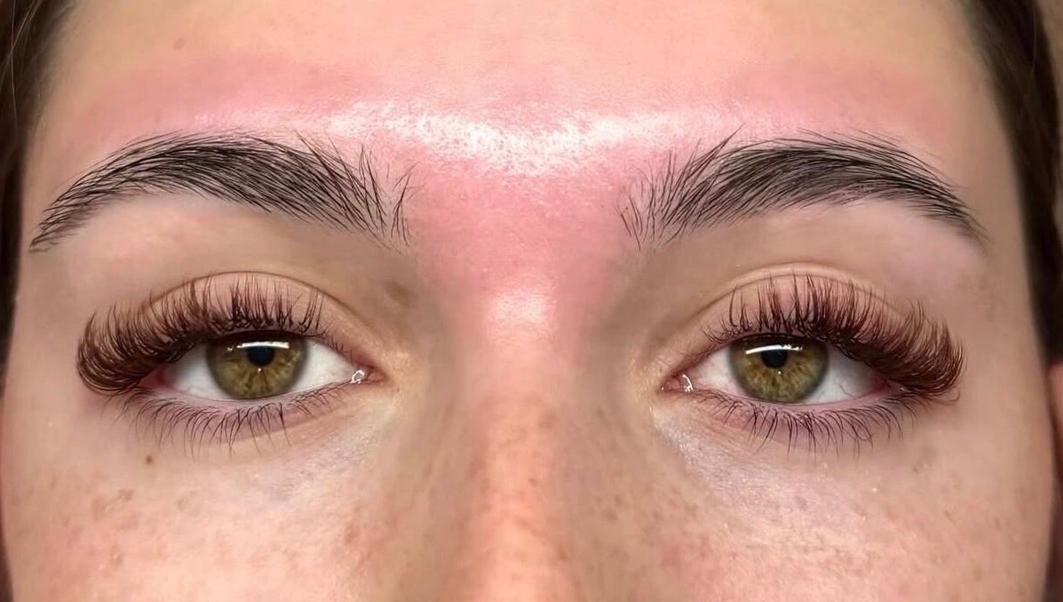 Close-up of styled eyelashes and brows at Gemma Louise Beauty, Broxburn, Scotland, GB.