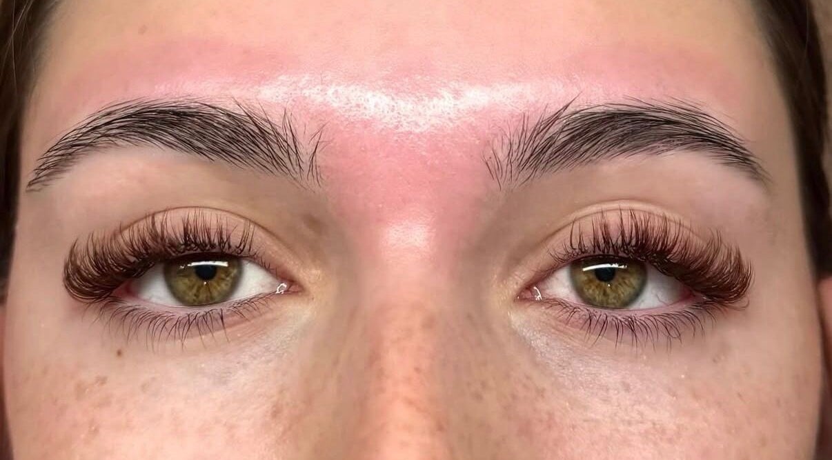 Close-up of styled eyelashes and brows at Gemma Louise Beauty, Broxburn, Scotland, GB.