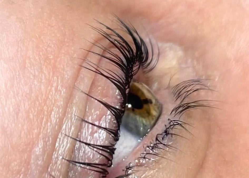 Close-up of lifted eyelashes at Gemma Louise Beauty, Broxburn, Scotland, GB showcasing expert technique.