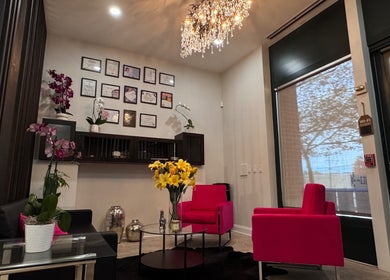 Elegant lounge at Beauty Spot by Elena, North Bethesda, Maryland, US with vibrant pink seating and a chandelier.