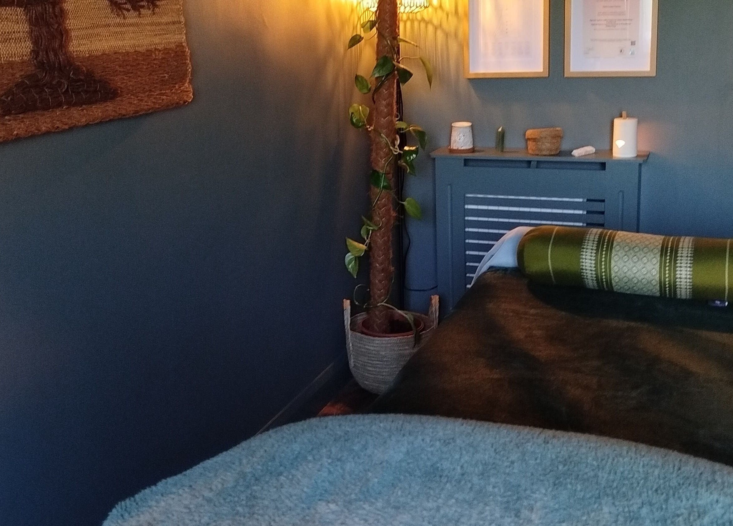 Peaceful massage room at Clare Carson Reflexology at The Luma Practice, Salford, England, GB.