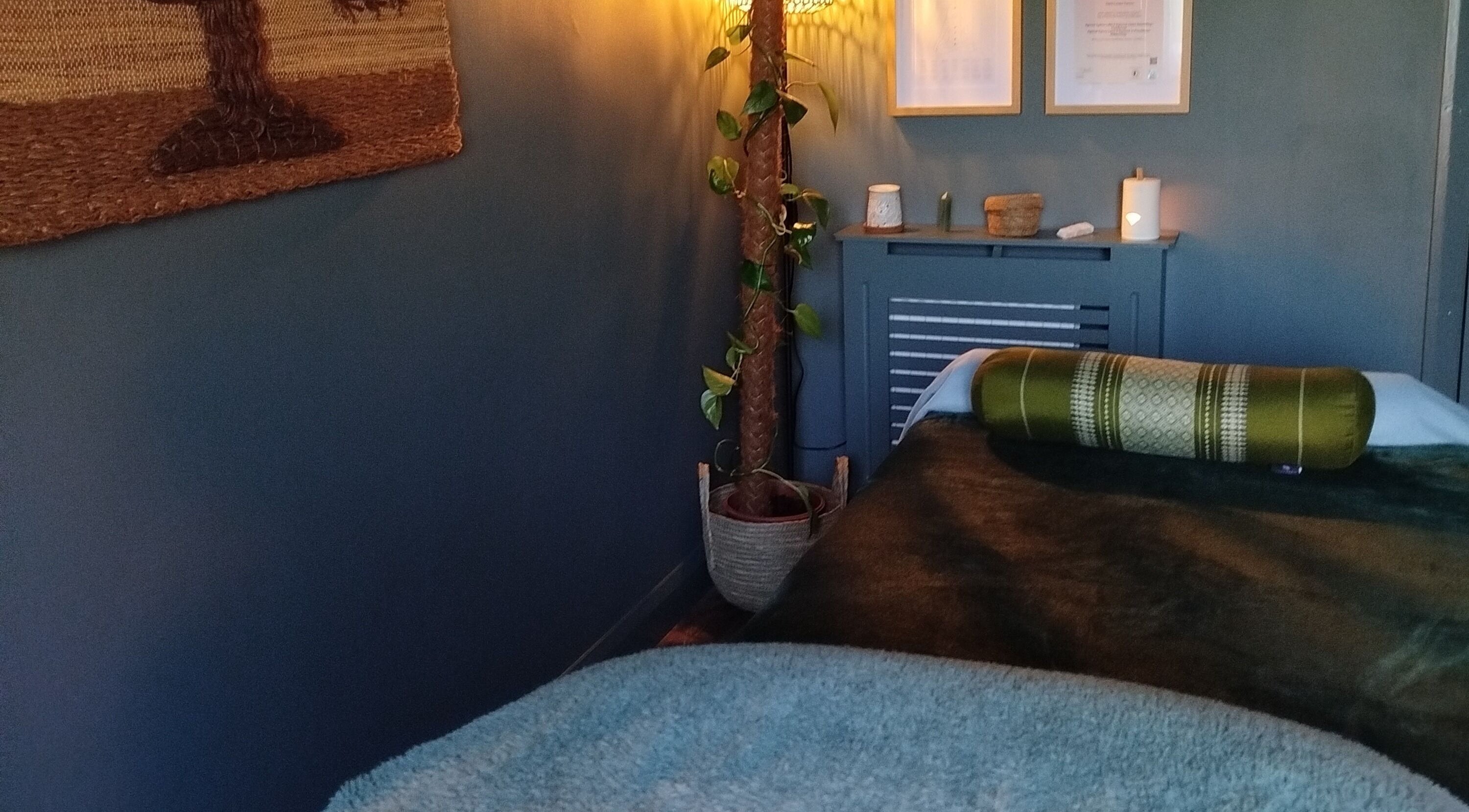 Peaceful massage room at Clare Carson Reflexology at The Luma Practice, Salford, England, GB.