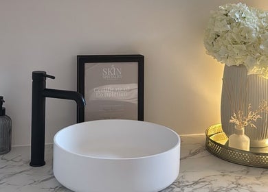 Modern marble counter and elegant basin at THE SKIN PROJECT in Warrington, England, GB showcasing sophistication.