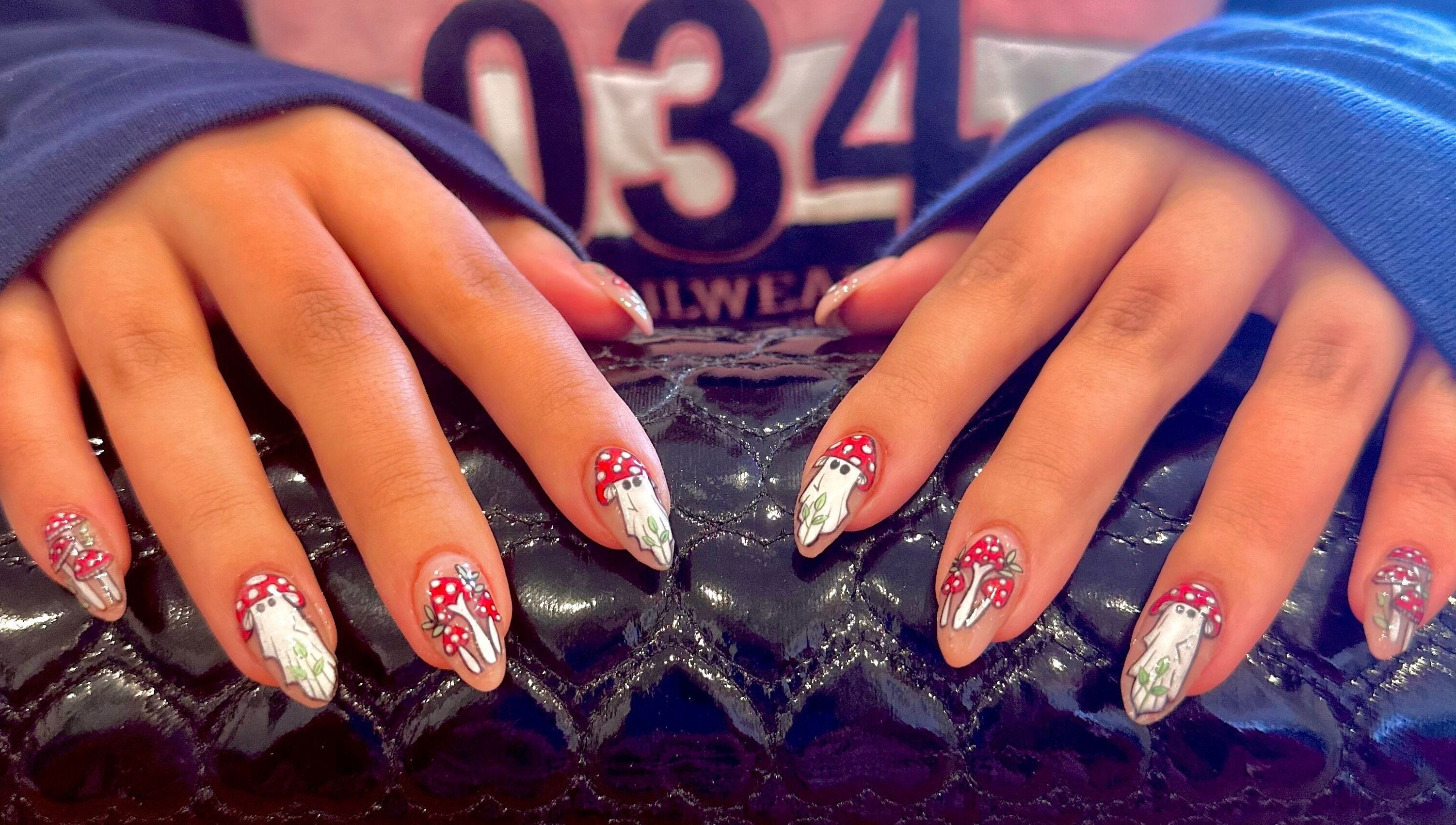 Intricate mushroom nail art at Studio Rae, Aberdeen, Scotland, GB, showcasing unique creativity and style.