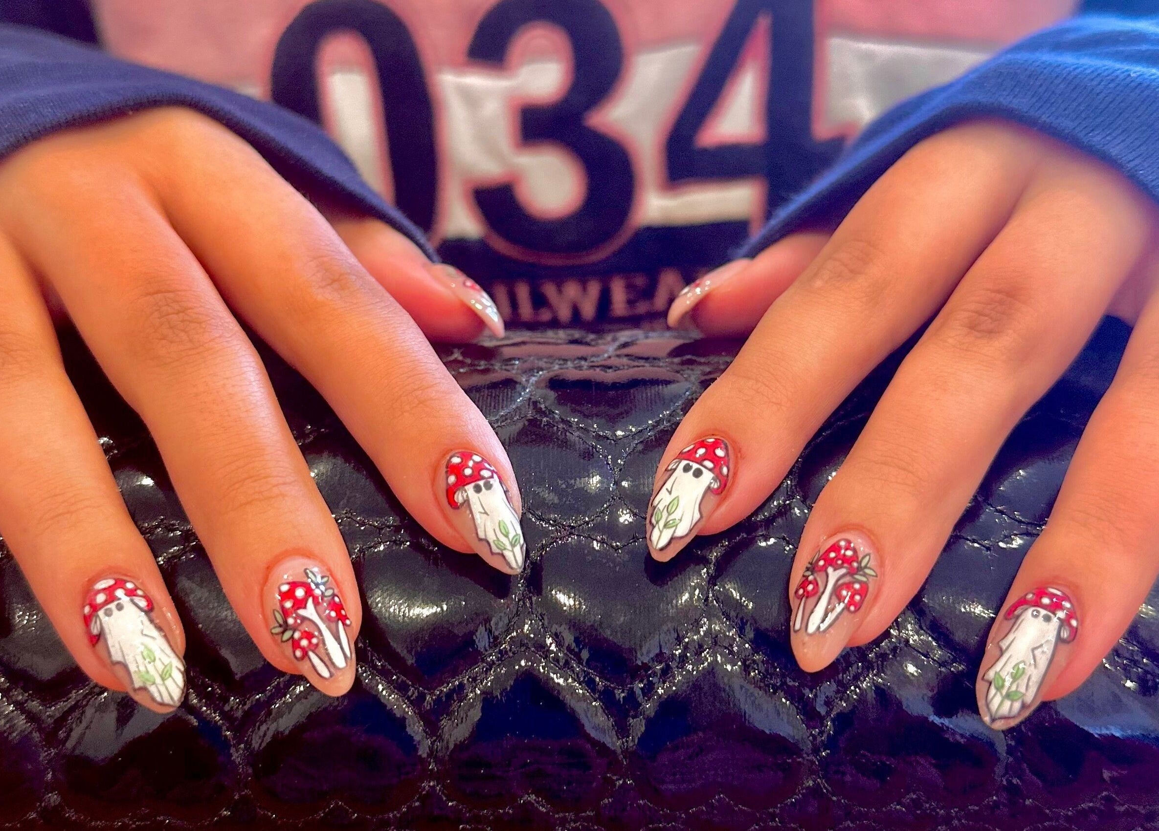 Intricate mushroom nail art at Studio Rae, Aberdeen, Scotland, GB, showcasing unique creativity and style.