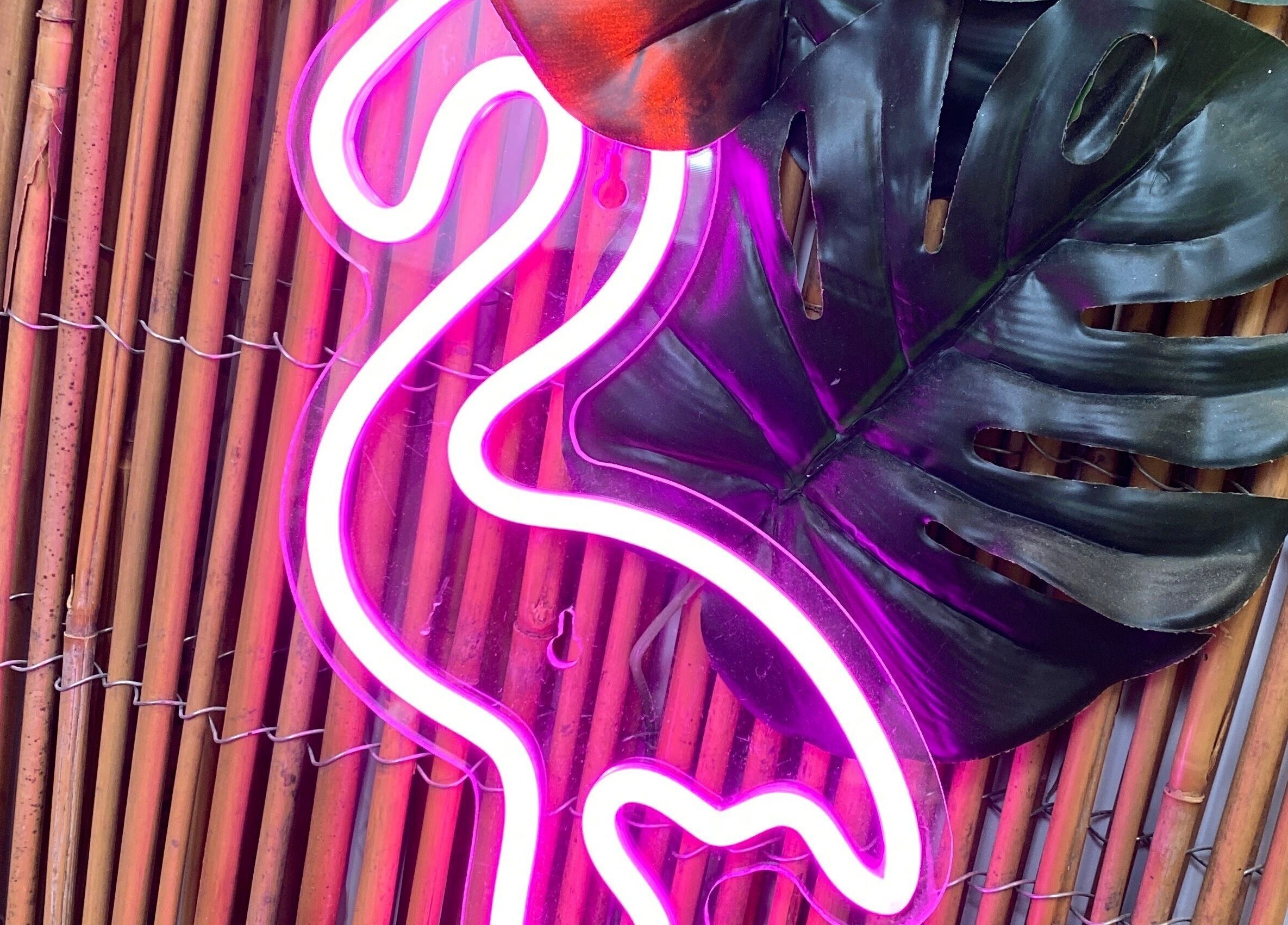 Neon flamingo with green leaf at Flamingo Nails in Park Gate, England, GB.