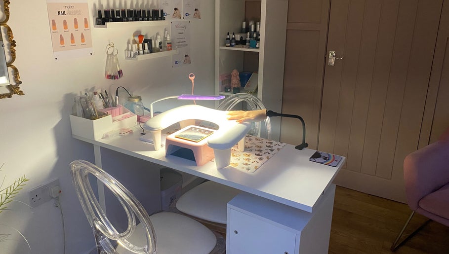 Nail station at Something About You in Bearpark, England, GB showing organized tools and cozy setup.
