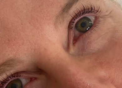 Close-up of a serene eye showing detailed lash extensions at Something About You, Bearpark, England, GB.