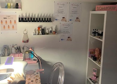 Nail care setup at Something About You in Bearpark, England, GB; shelves with polish and tools showcased.