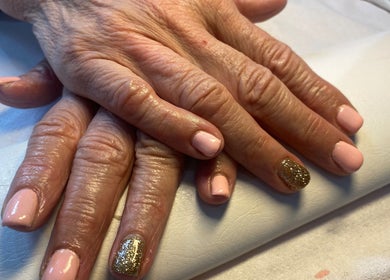 Elegant pink and gold nails at Something About You, Bearpark, England, GB.