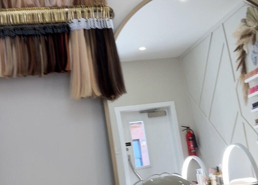 Hair and nail studio at E Elegance & Co., Paisley, Scotland, GB showcasing various hair and nail products.