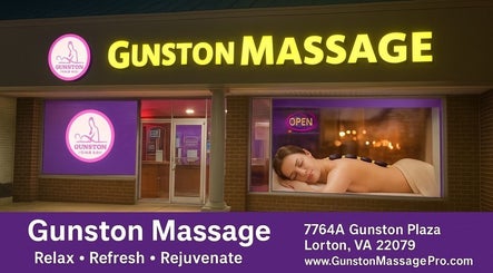 Front entrance of Gunston Massage in Lorton, Virginia, US, showcasing a serene spa atmosphere.