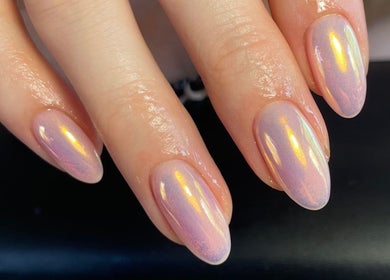 Iridescent nail art at The Nail Garage, Frodsham, England, GB showcasing a shimmering finish.