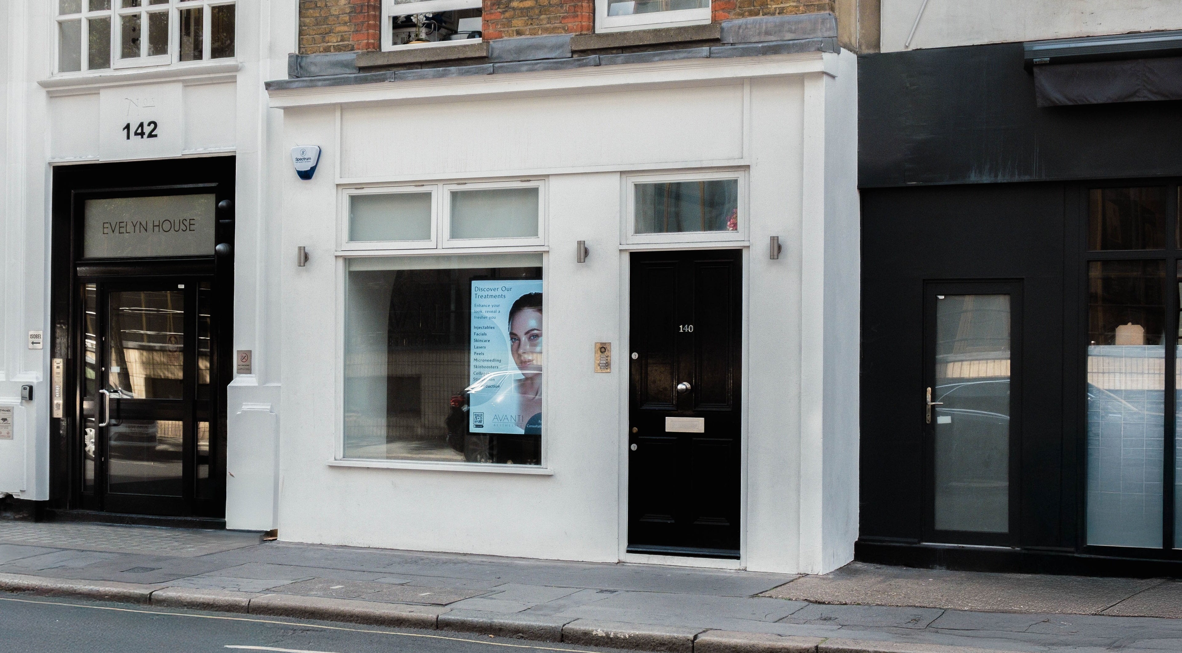 Exterior view of Dr Kajal Aesthetics in London, England, GB with sleek modern entrance.