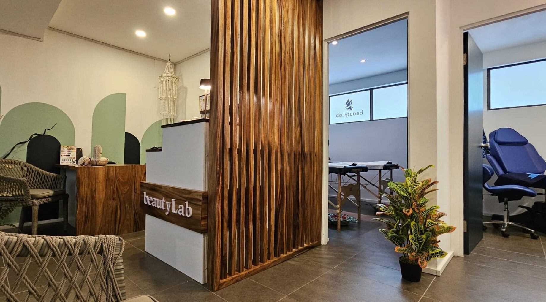 Cozy reception at beautyLab, Mercure Hotel, Nadi. Elegant wood accents and seating in Nadi, Western Division, FJ.