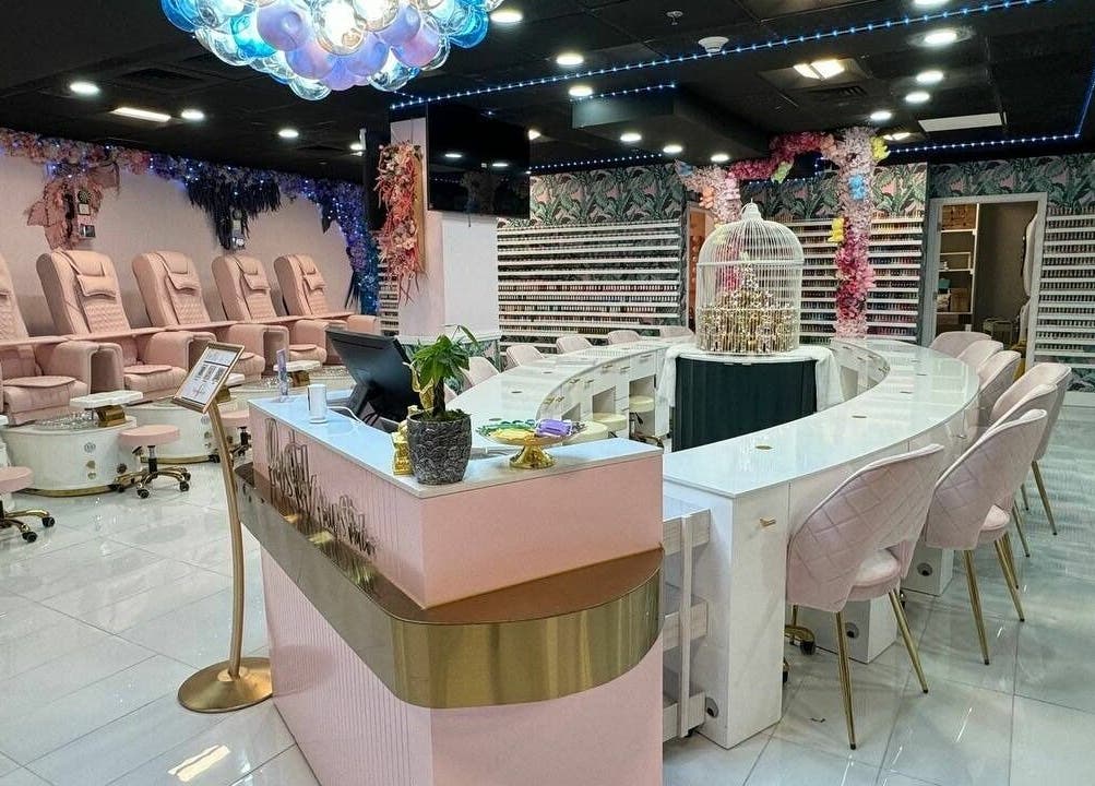Chic interior of Pastel Nail Studio in South Boston, Massachusetts, US with plush seating and elegant decor.