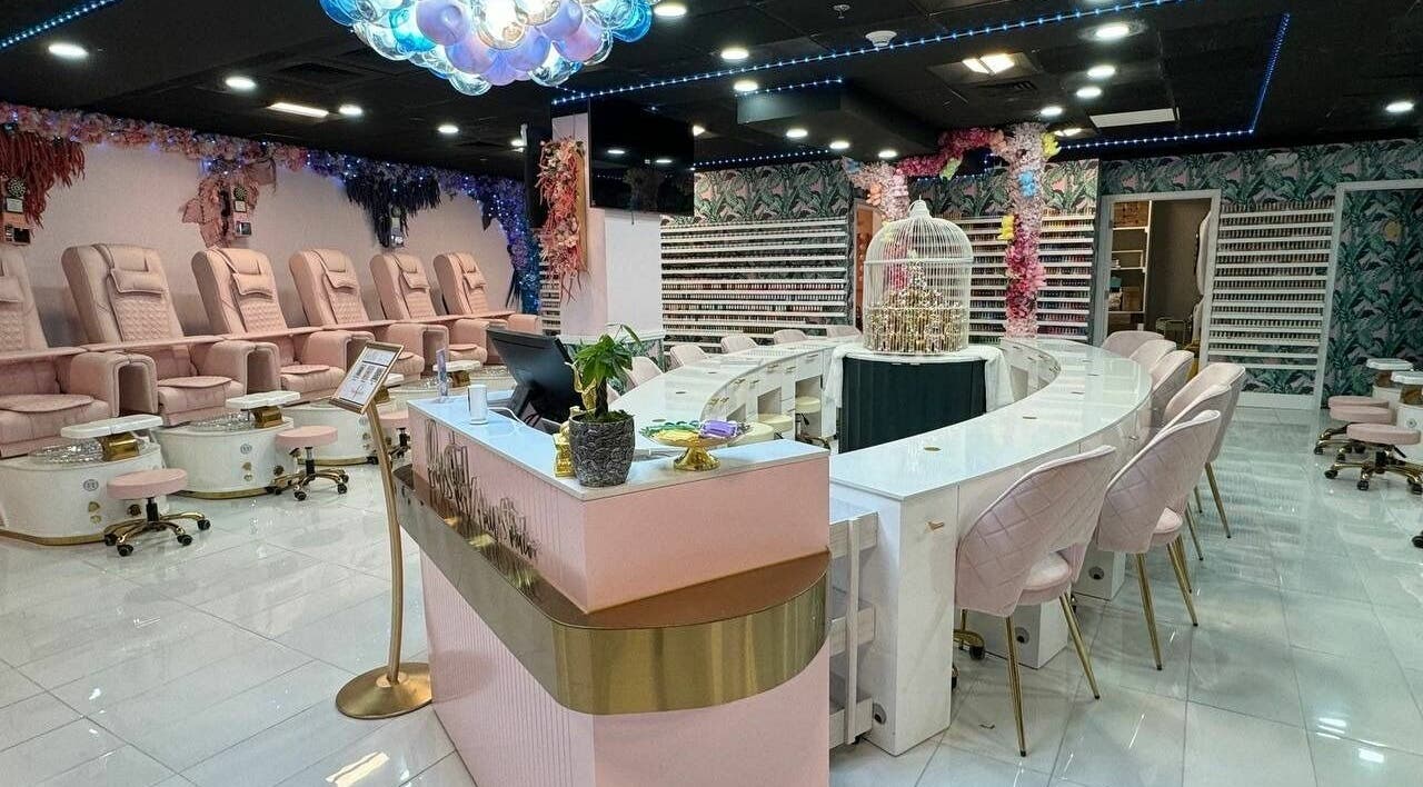 Chic interior of Pastel Nail Studio in South Boston, Massachusetts, US with plush seating and elegant decor.