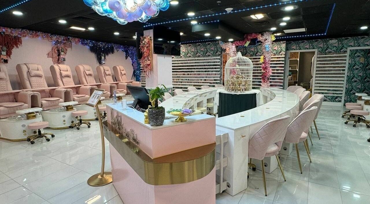 Chic interior of Pastel Nail Studio in South Boston, Massachusetts, US with plush seating and elegant decor.