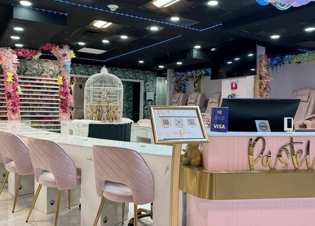Inside Pastel Nail Studio in South Boston, Massachusetts showcasing chic décor and luxurious seating.