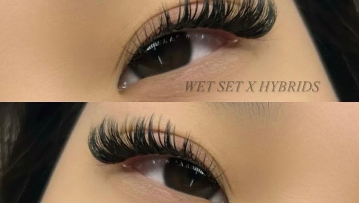 Wet set hybrid lash extensions at Lashed Central Parramatta, Parramatta, New South Wales, AU.