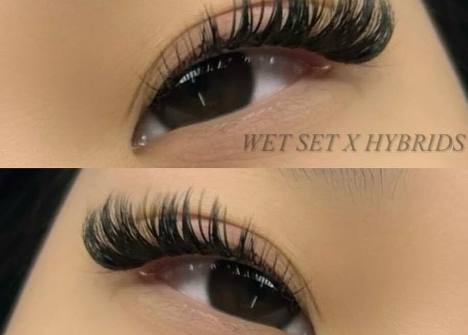 Wet set hybrid lash extensions at Lashed Central Parramatta, Parramatta, New South Wales, AU.