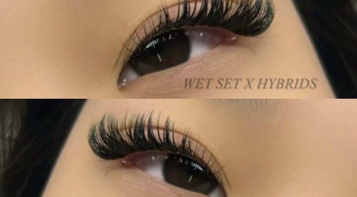 Wet set hybrid lash extensions at Lashed Central Parramatta, Parramatta, New South Wales, AU.