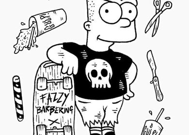 Cartoon character with skateboard at Fazzy's Barbering Services @ HYBRID HAIR, Truro, England, GB.