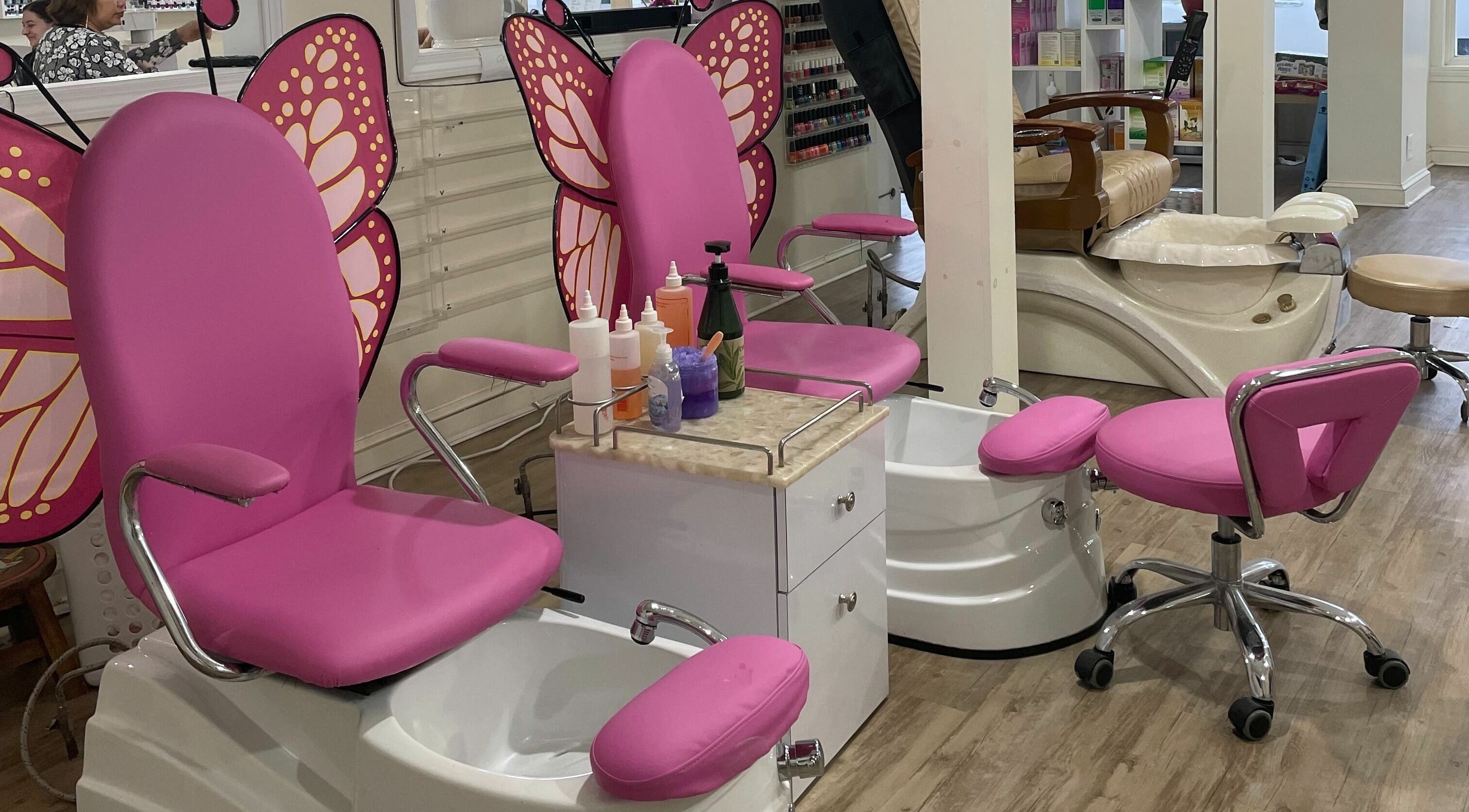 Butterfly-themed pedicure station at Jade Nails & Spa, Inc. in Wakefield, Massachusetts, US.