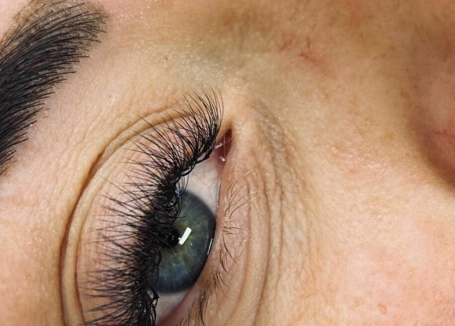 Close-up of beautifully enhanced eyelashes at Beauty at Bullrush, Standish, England, GB.